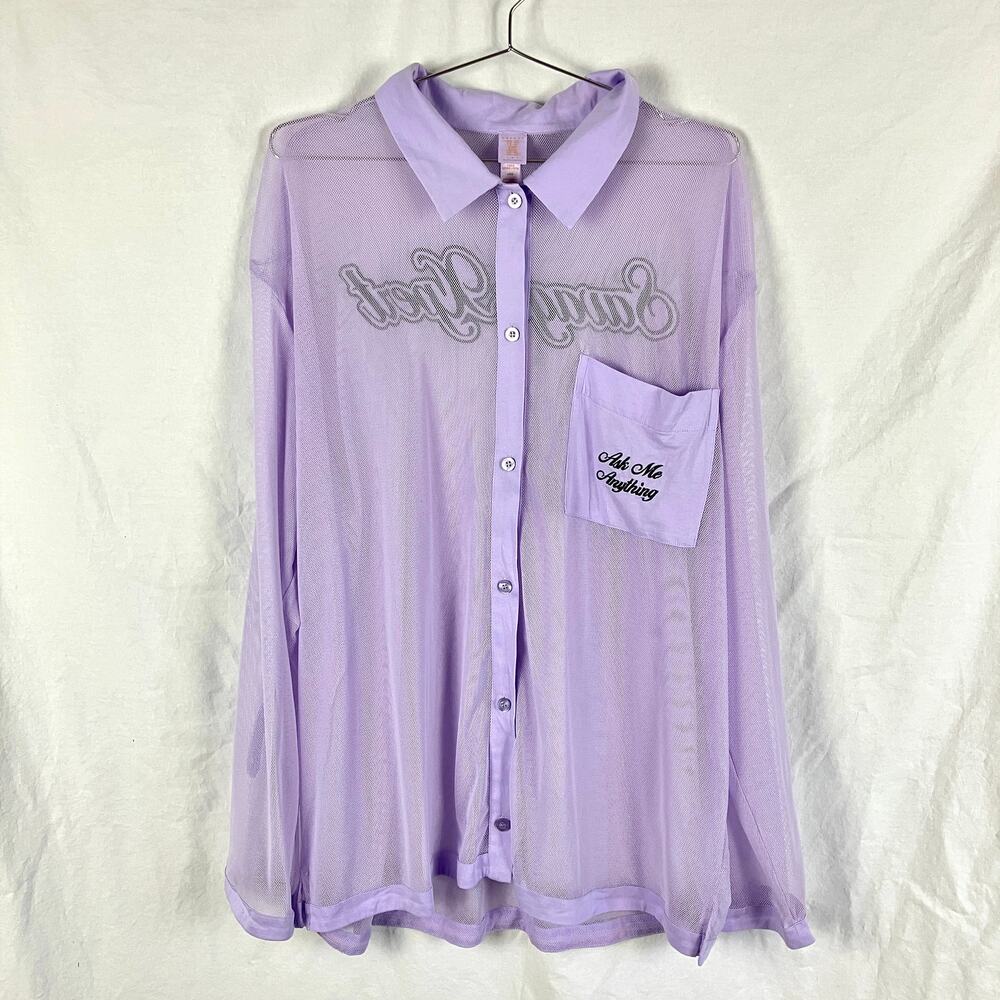 Savage X Fenty Purple Fishnet Mesh Sleep Shirt L Sheer Button Up Boyfriend Sexy